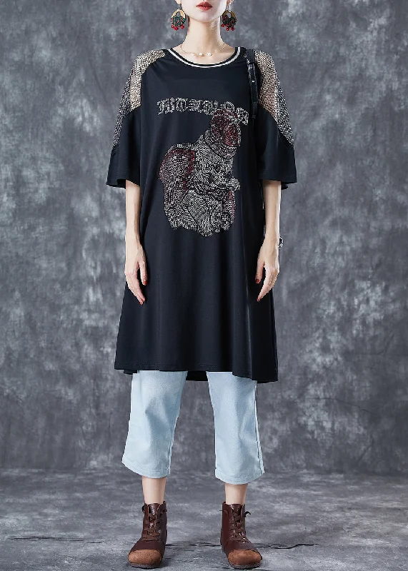 Black Patchwork Cotton Mid Dress Oversized Zircon Elephant Summer Minimalist Office - Ready Style