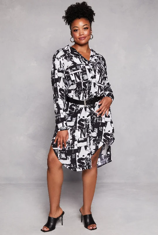 Plus Size Abstract Printed Button Front Shirt Dress Big Discounts