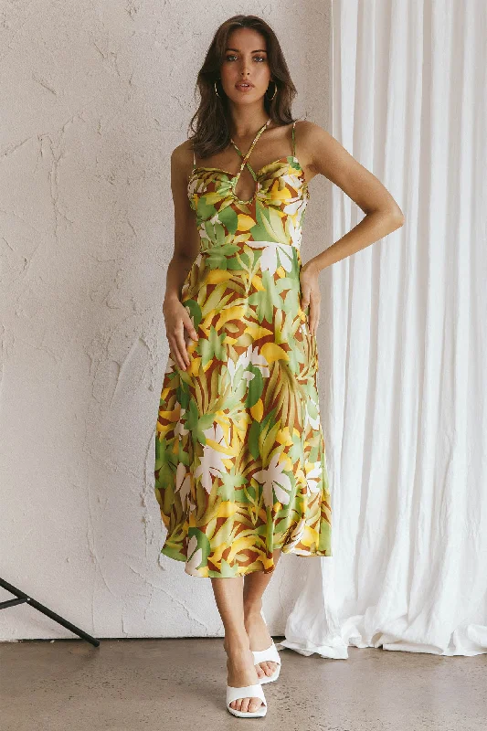 Emmalie Satin Midi Dress Floral Green Must Haves