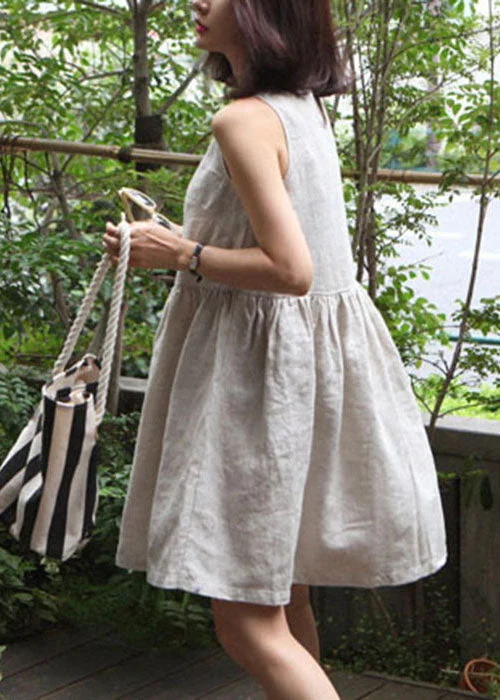 Bohemian Beige O-Neck Wrinkled Cotton Vacation Dress Summer Fashion Forward