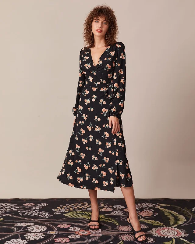 The Black V Neck Floral Wrap Midi Dress Flash Sale Now