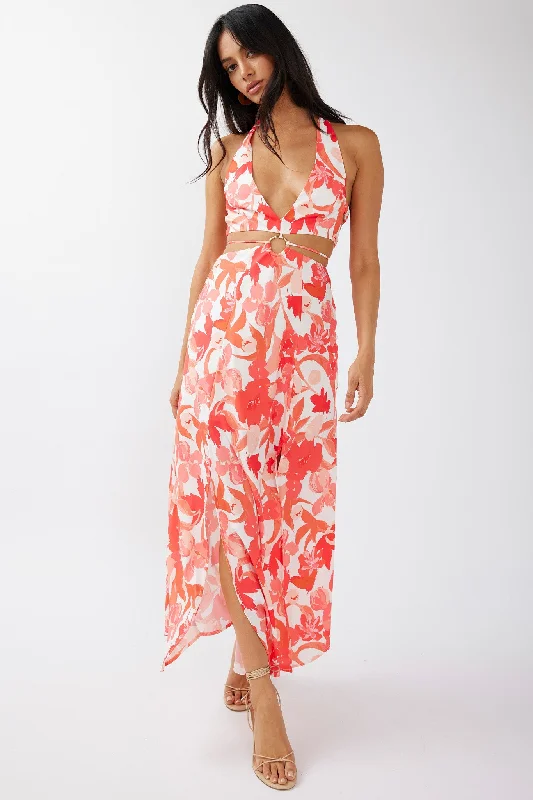 Tuscan Summers Cut-Out Midi Dress Floral Red Trendy Street Style Attire