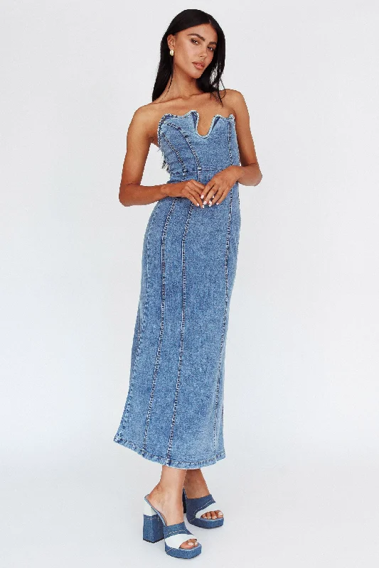 Horizon Strapless Wavy Neckline Midi Denim Blue Trendsetting Threads