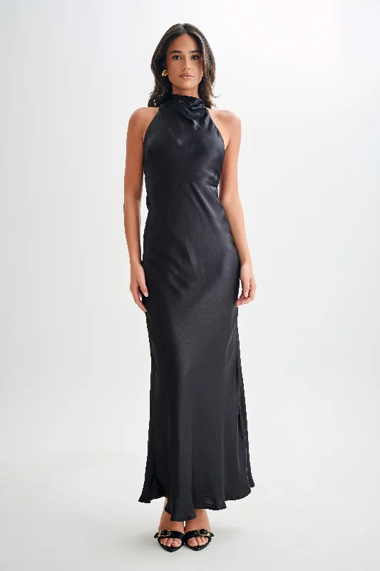 Esther Iridescent Satin Cowl Maxi Dress - Black Exclusive Discounts