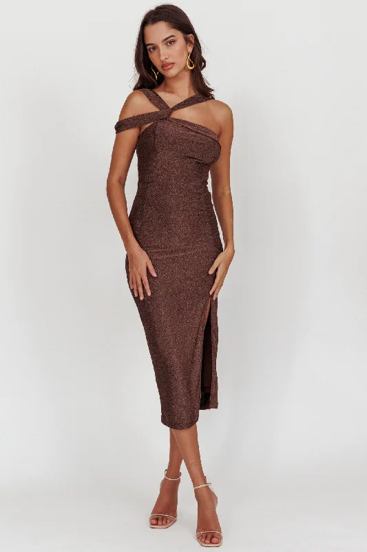 First Impressions One Shoulder Midi Dress Chocolate Stylish Looks