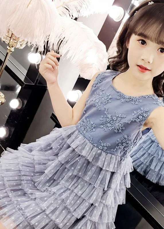 Fashion Blue O-Neck Embroideried Dot Patchwork Tulle Girls Party Mid Dress Sleeveless Rustic Countryside Charm Look