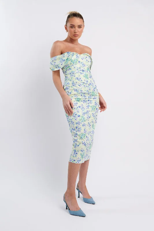 Lillianne Off-Shoulder Midi Dress Floral Blue Casual Chic