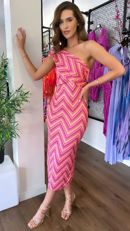 Ellie Pink & Orange Printed One Shoulder Midaxi Dress Limited Time Offers