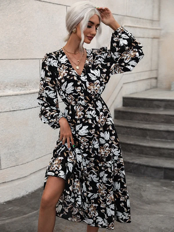 BerriesJam - Puff Sleeve Swing Floral Printed Midi Dress Discount Extravaganza