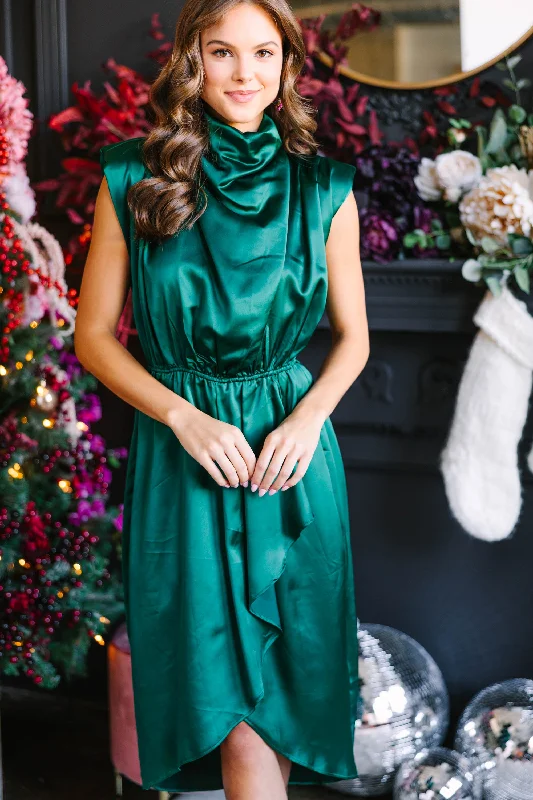 All Eyes On You Emerald Green Satin Midi Dress Dive Into Trendy Styles