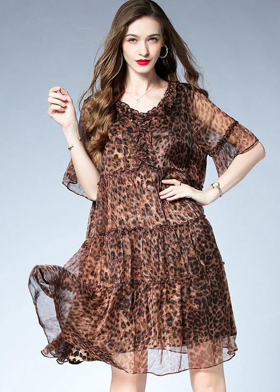 French Leopard Ruffled Patchwork Chiffon Mid Dress Summer Best Sellers