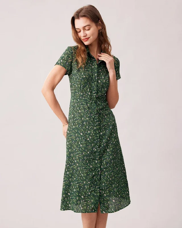 The Green Lapel Button Up Floral Midi Dress Effortless Comfort