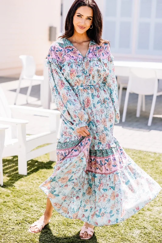 Always With You Aqua Blue Floral Maxi Dress Vintage Look