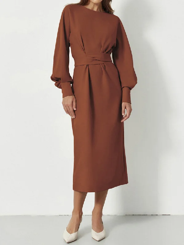 Sandy  O-Neck Long Lantern Sleeve Midi Dress Winter Warm - Up Sale