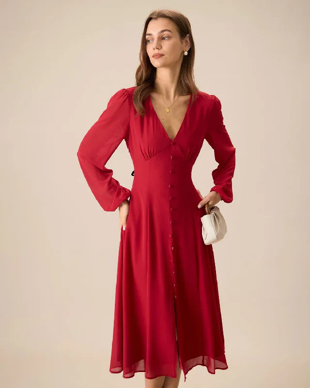 Women's Red V-Neck Puff Sleeve Slit Midi Dress Vintage Retro Party Wear