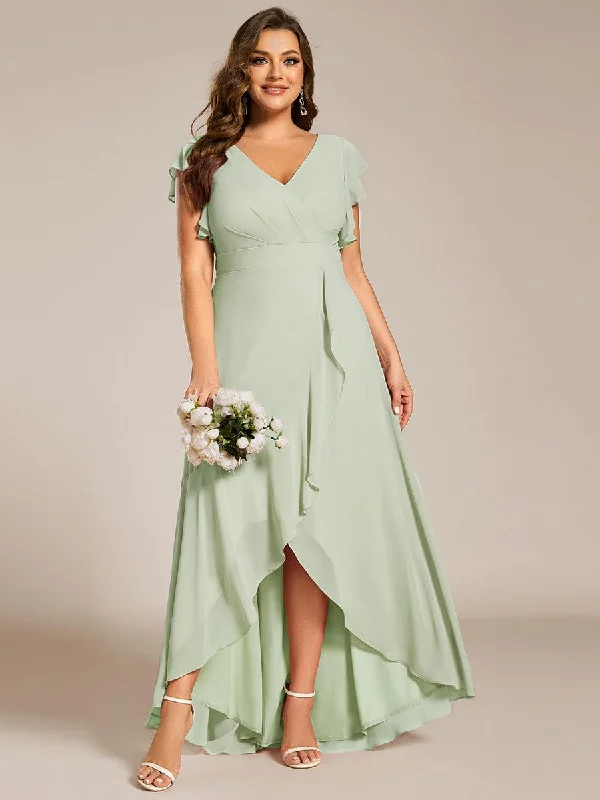 Celia | Plus Size A-Line Chiffon High-Low Bridesmaid Dress with Ruffled Sleeve Get The Latest Trends