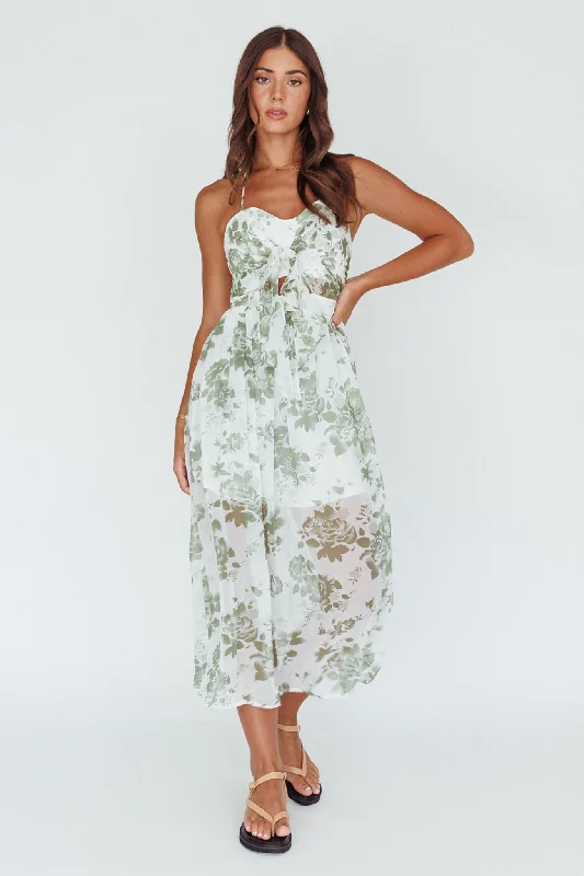 Los Feliz Tied Bust Halterneck Midi Dress Floral Green Designer Wear On Sale