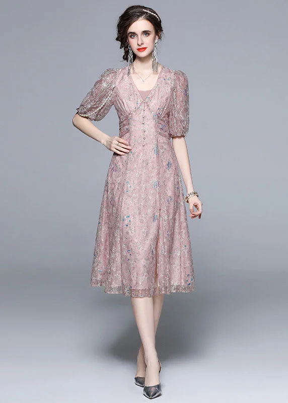 Novelty Pink Embroideried Sequins Patchwork Tulle Dress Puff Sleeve Chic Trends Unveiled