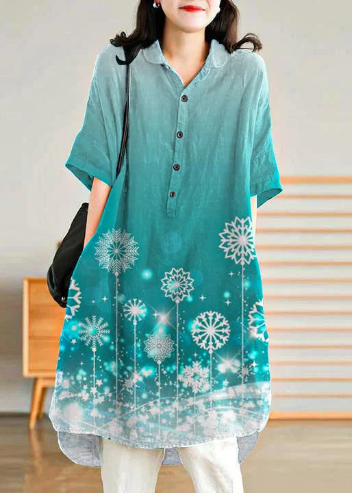 Jade blue-snowflake Linen Women Casual Linen Shirt Dress The Epitome Of Modern Women's Fashion