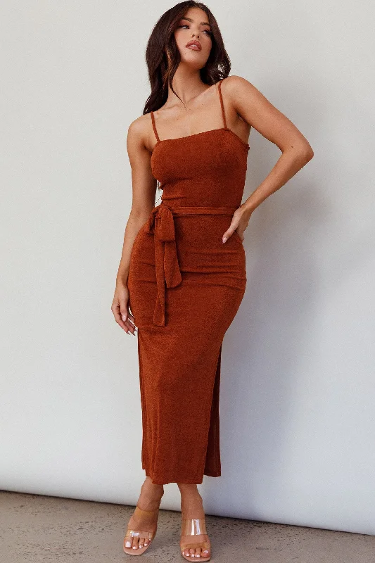 Serenade Me Square Neckline Side Split Midi Dress Cinnamon Fashion Forward, Function First