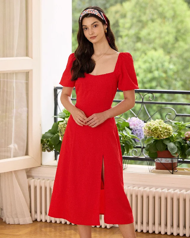 The Red Sweetheart Neck Slit Midi Dress Seasonal Trend