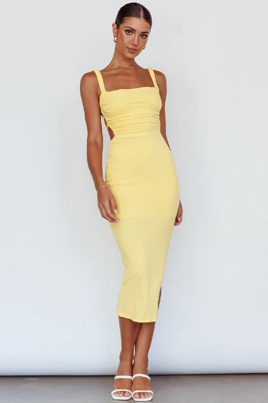 Dream Crush Lace-Up Back Side Split Midi Dress Yellow Fashion Forward