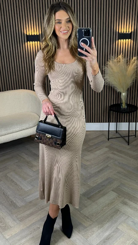 Addison Camel Ribbed Knit Midi Dress Evening Elegance