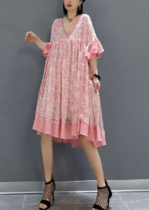 French Pink Print Exra Large Hem Chiffon Mid Dress Summer Luxury Fashion for Women