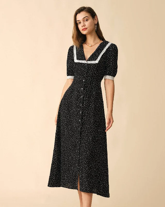 The Polka Dot Lace Trim Midi Dress Elegant Style