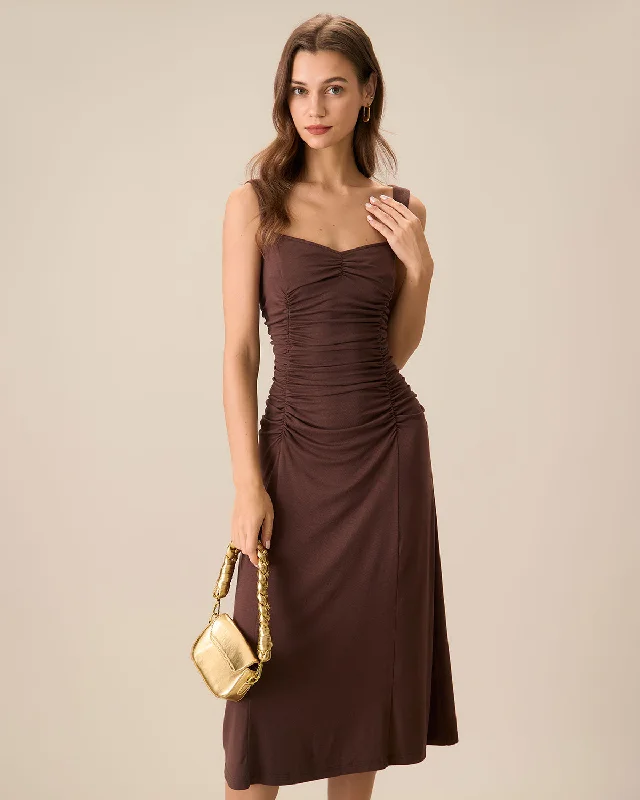 Women's Coffee Ruched Knitted Slip Midi Dress Elegant Ensemble