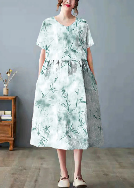 Beautiful white bamboo Pockets Print O Neck Dress Fashion Frontiers