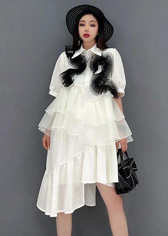 Women White Peter Pan Collar Asymmetrical Design Ruffles Patchwork Tulle Maxi Dresses Short Sleeve Refined Look