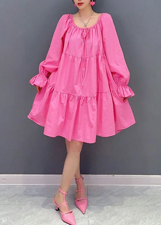 Stylish Pink O Neck Cinched Patchwork Cotton Dress Lantern Sleeve Step Ahead, Lead The Trend