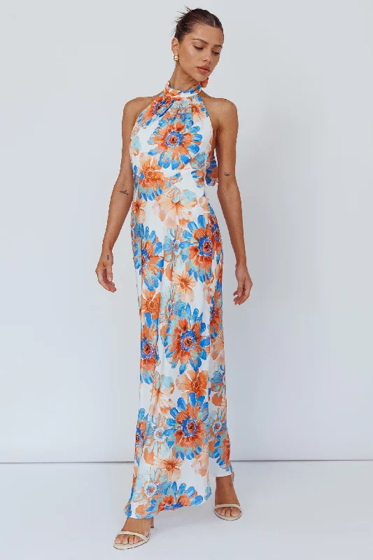 Shana Halterneck Maxi Dress Flowers Blue Flowing Silhouette