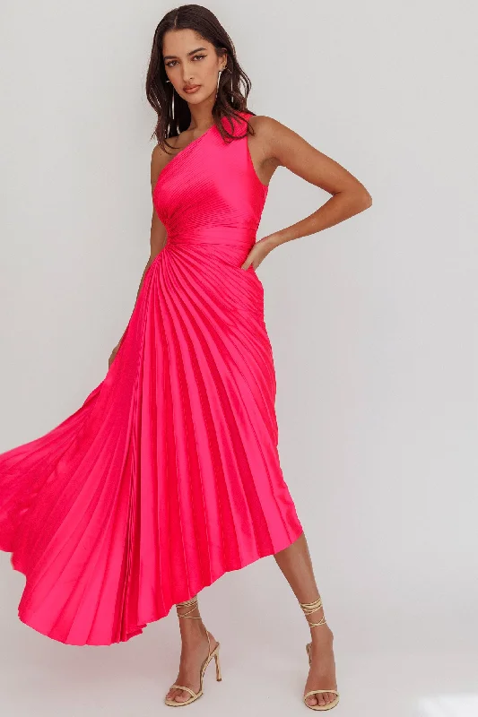 Brooklynn One-Shoulder Accordion Pleat Satin Midi Dress Fuchsia Limited Stock