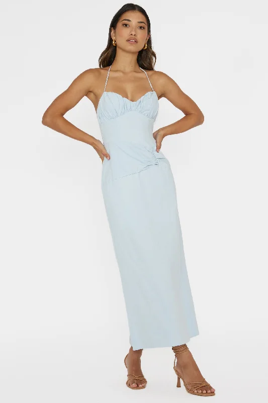 Arielle Gathered Bust Halterneck Midi Dress Pale Blue Unleash Your Trend Driven Style