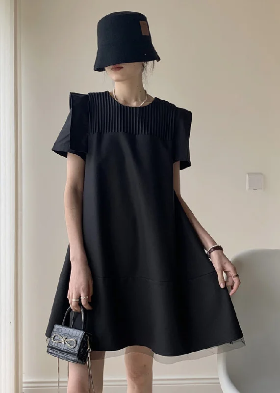 Style Black O Neck Wrinkled Patchwork Cotton Mid Dresses Summer Style Redefined