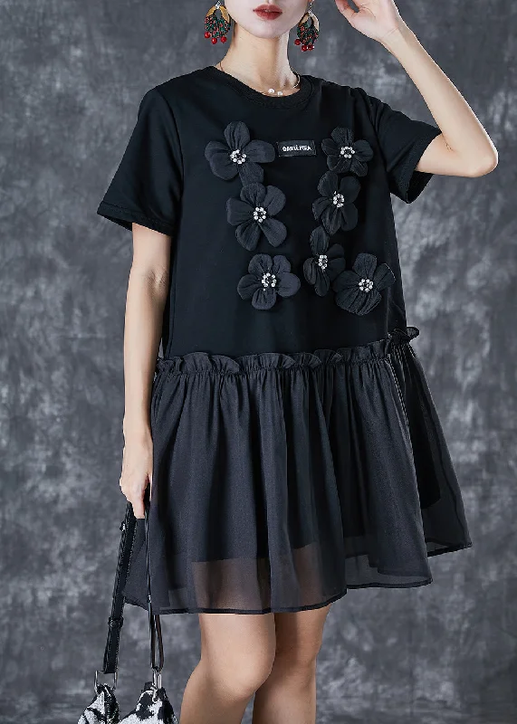 Handmade Black Stereoscopic Flower Patchwork Cotton Dresses Summer Vintage Style Clothing Sale