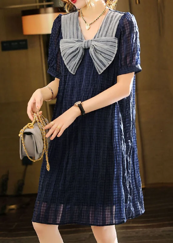 Fashion Blue Bow Patchwork Chiffon Mid Dress Summer Versatile Wardrobe Essentials