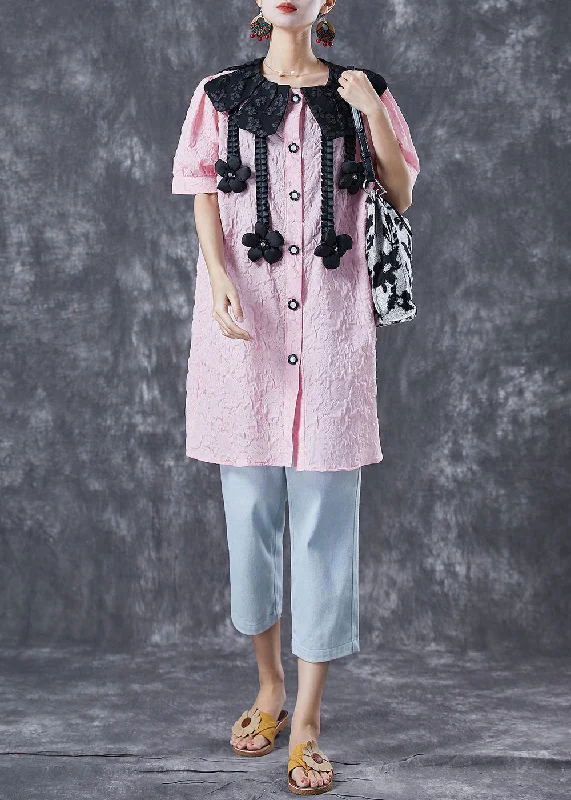 Modern Pink Jacquard Floral Cotton Shirt Dress Summer Special Occasion Wear