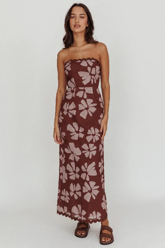 Cypress Floral Strapless Maxi Dress Brown Relaxed Style