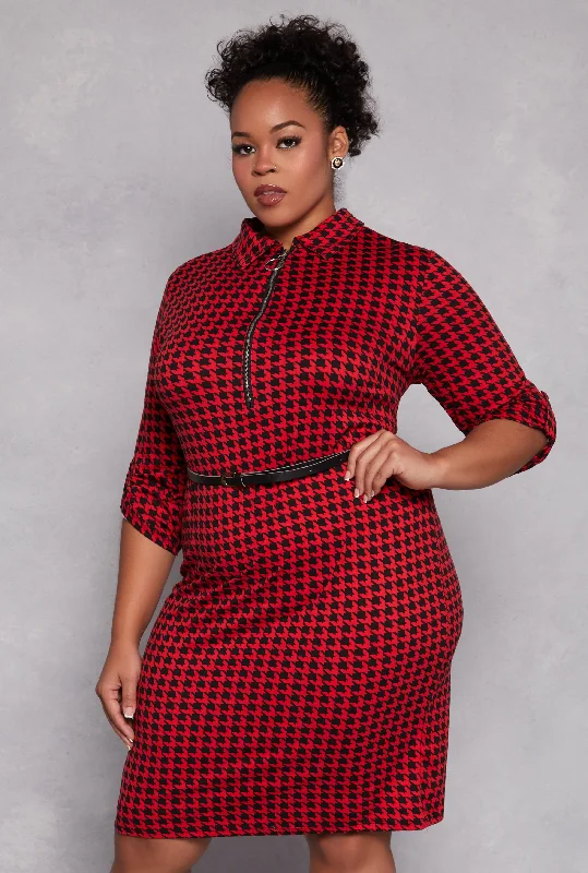 Plus Size Houndstooth Half Zip Midi Dress Summer Essentials