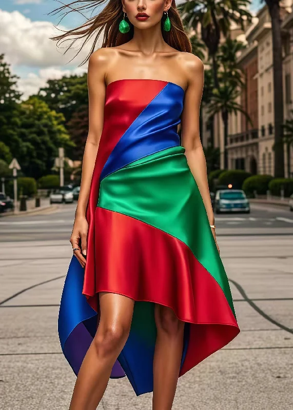 Beautiful Multicolor Asymmetrical Patchwork Silk Strapless Dress Summer Sophisticated Cut