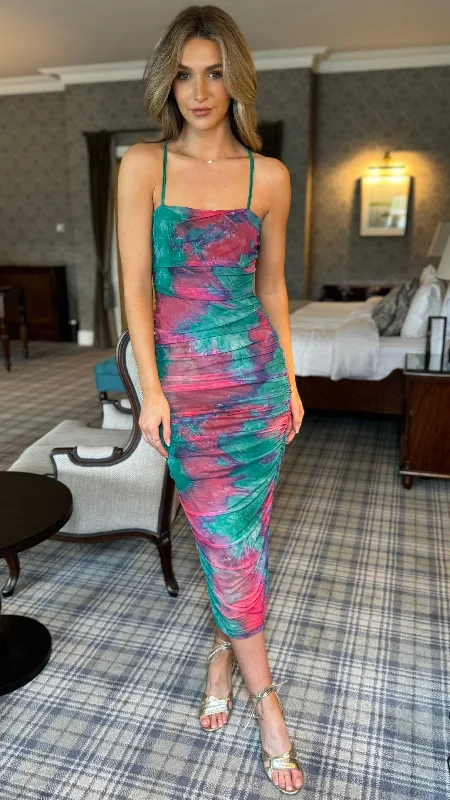 Cliona Green & Purple Printed Cami Strap Midi Dress Parisian Effortless Chic Style