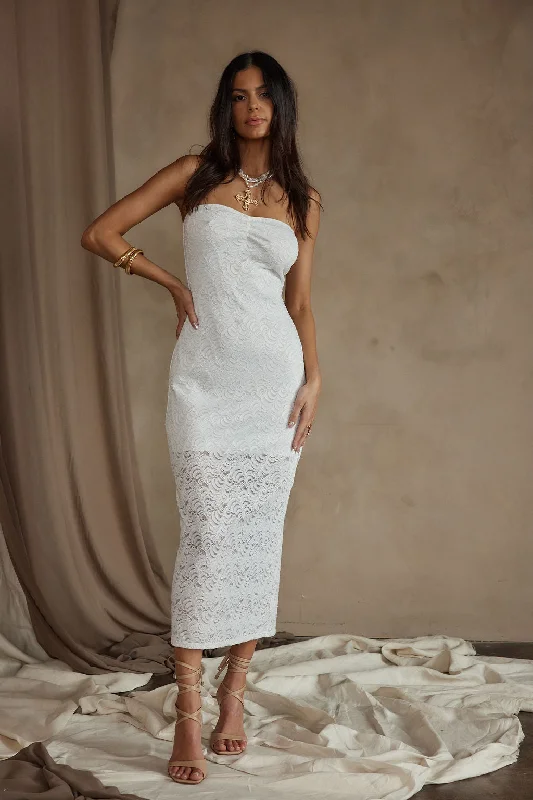 Reagan Strapless White Lace Midi Dress Chic Trend Collection