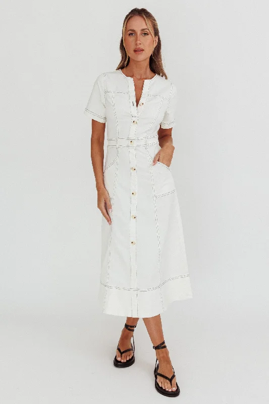 Aspen Love Front Pocket Midi Dress White Trendy Street Style Attire