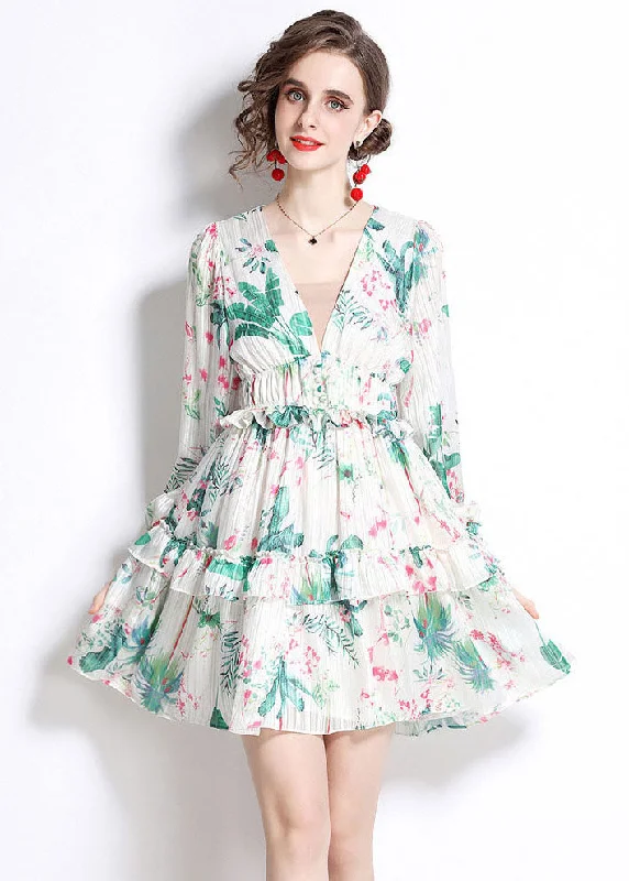 Italian Green V Neck Ruffled Print Patchwork Chiffon Mid Dress Fall Playful Elegance