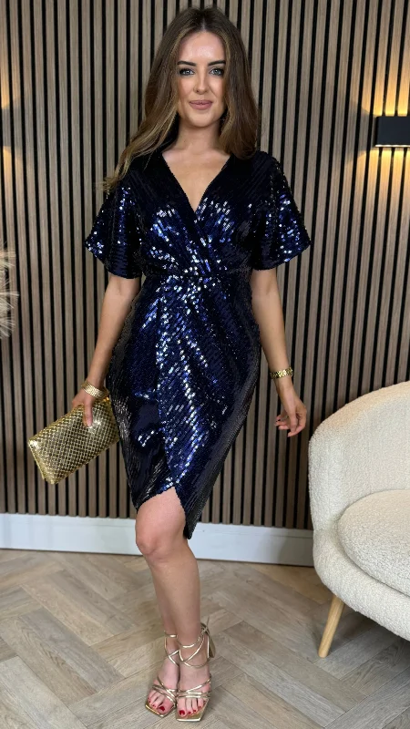 Marianna Navy Sequin Wrap Detail Midi Dress Forward Trendsetter