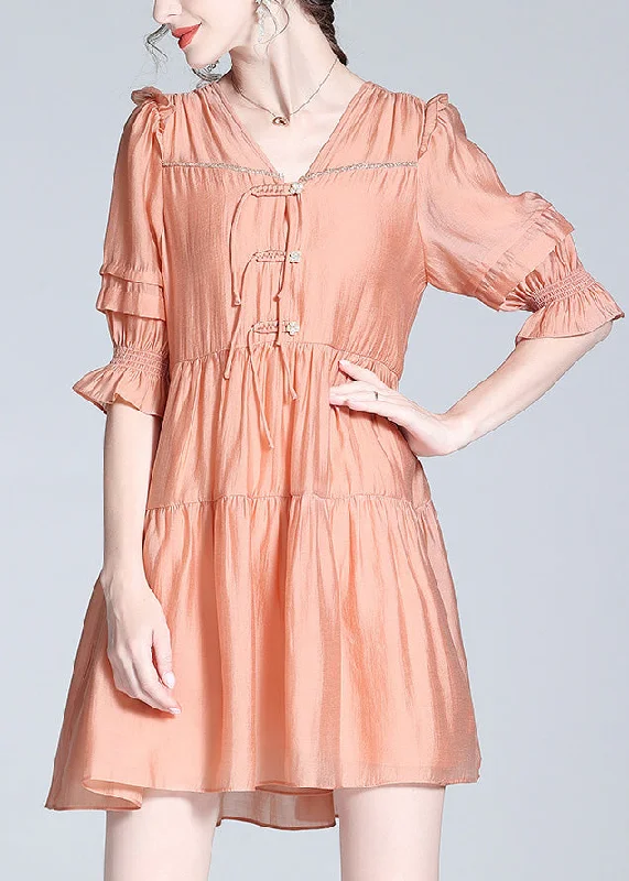 Cute Orange V Neck Patchwork Button Solid Silk Mid Dress Summer Chic Style, Always In Vogue