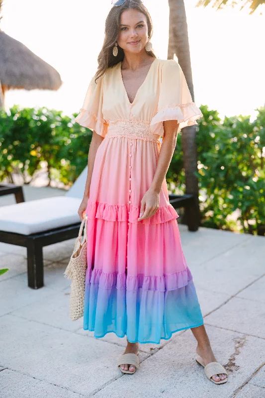 Into The Sunset Pink Ombre Midi Dress Evening Elegance